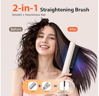 Hair Straightener Brush, 100-240V Dual Voltage Ionic Straightener Brush for Women, Ceramic Travel Hair Straightener Comb, Electric Hot Comb Flat Iron, Auto Temp Lock & Auto-Off Function